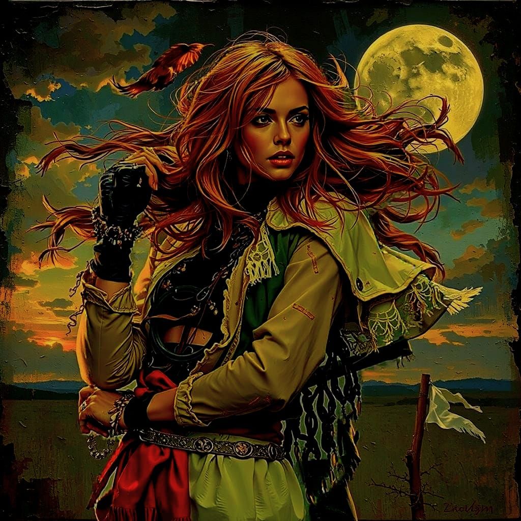 Woman on Windswept Moor at Twilight, Expressive Oil Painting