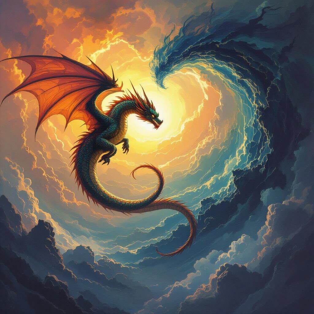 Epic Dragon Soaring Between Light and Darkness
