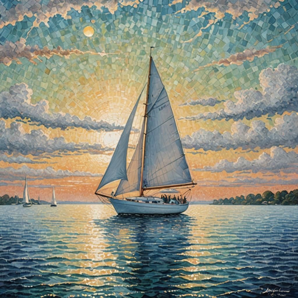 White Sailboat on Aqua Ocean in Pointillism