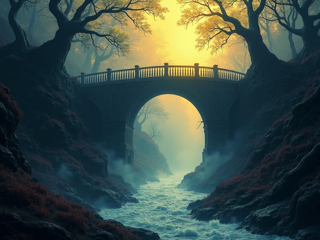 Mystical Path to Grand Bridge in Dark Fantasy Style