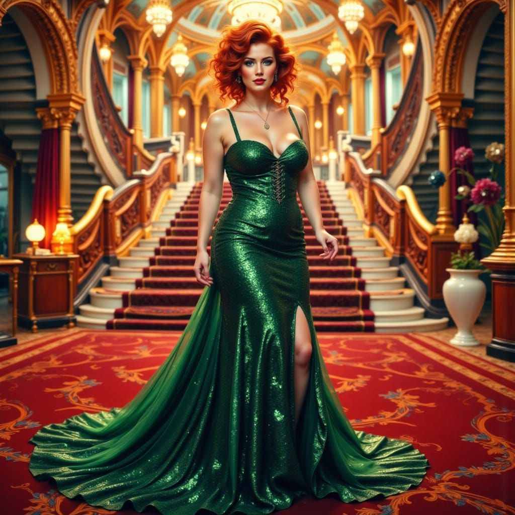 Plus-Size Jewish Woman in Sparkly Green Vegas Dress