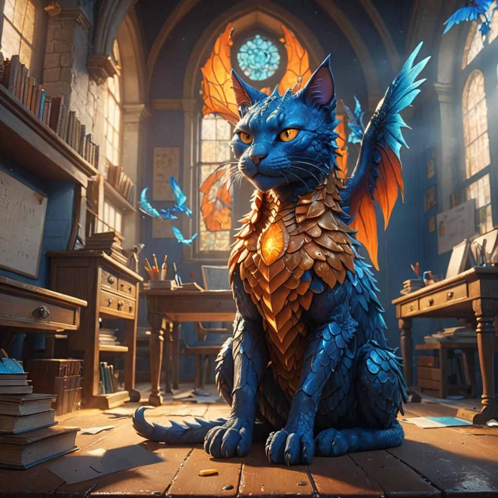 Blue Cat Dragon at School in Fantasy Style