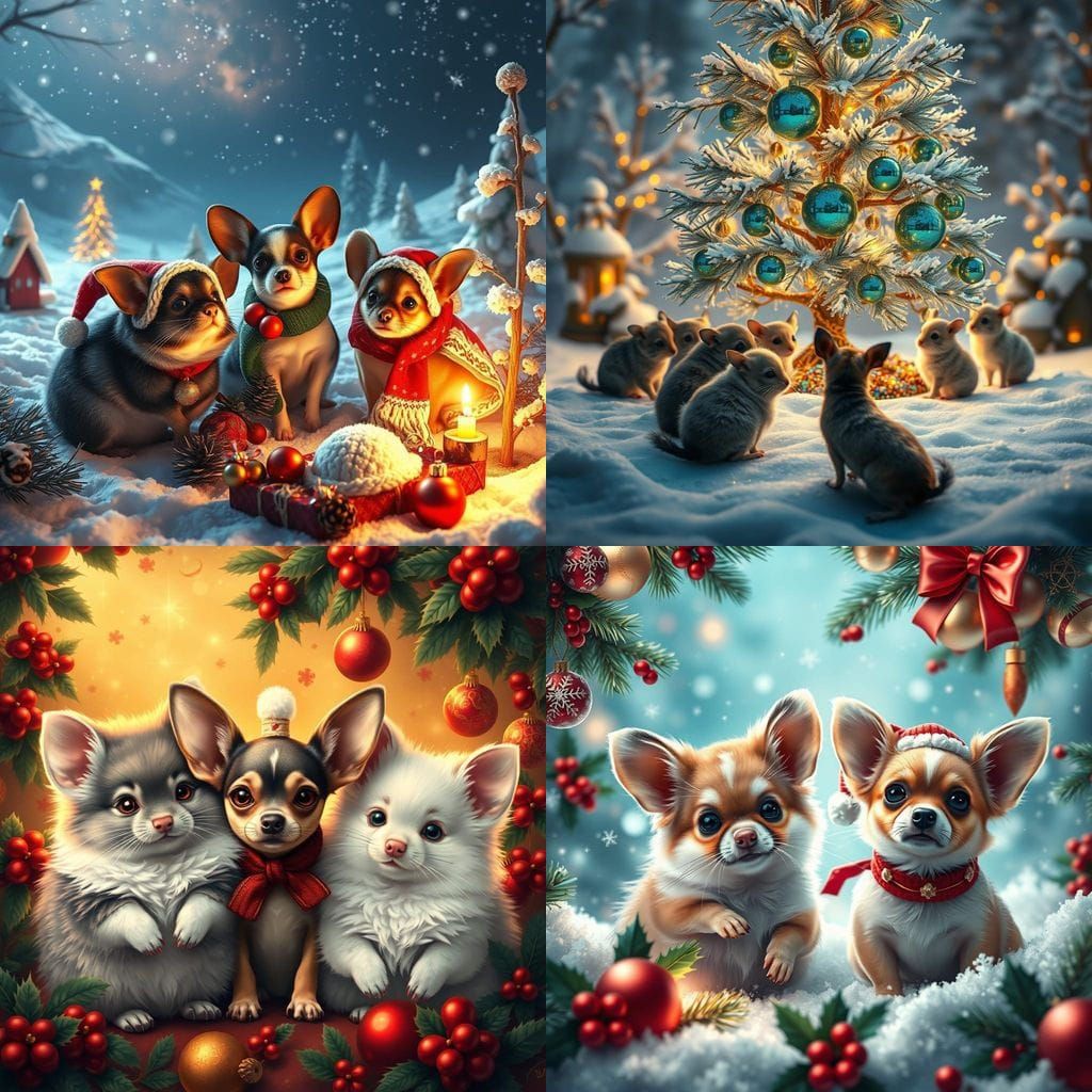 Whimsical Christmas Creatures in Vibrant Fantasy Landscape