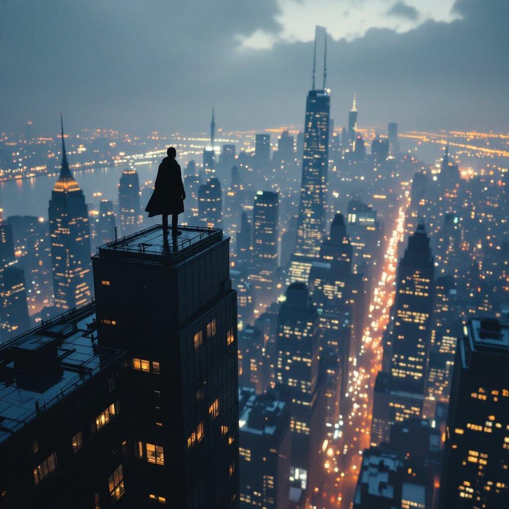 Lone Figure Overlooking Neon Cityscape Cinematic Film Still