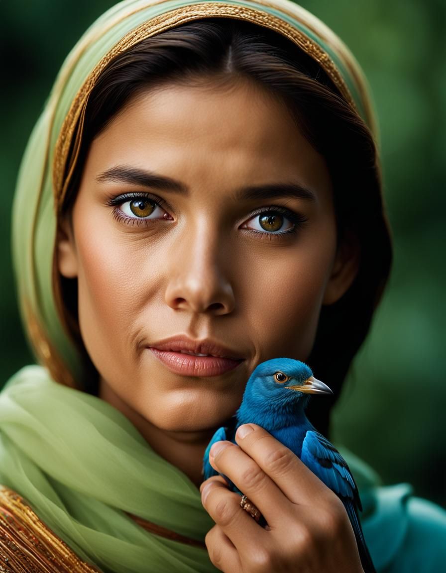 Beautiful Lady Holds Magical Glowing Bird Portrait