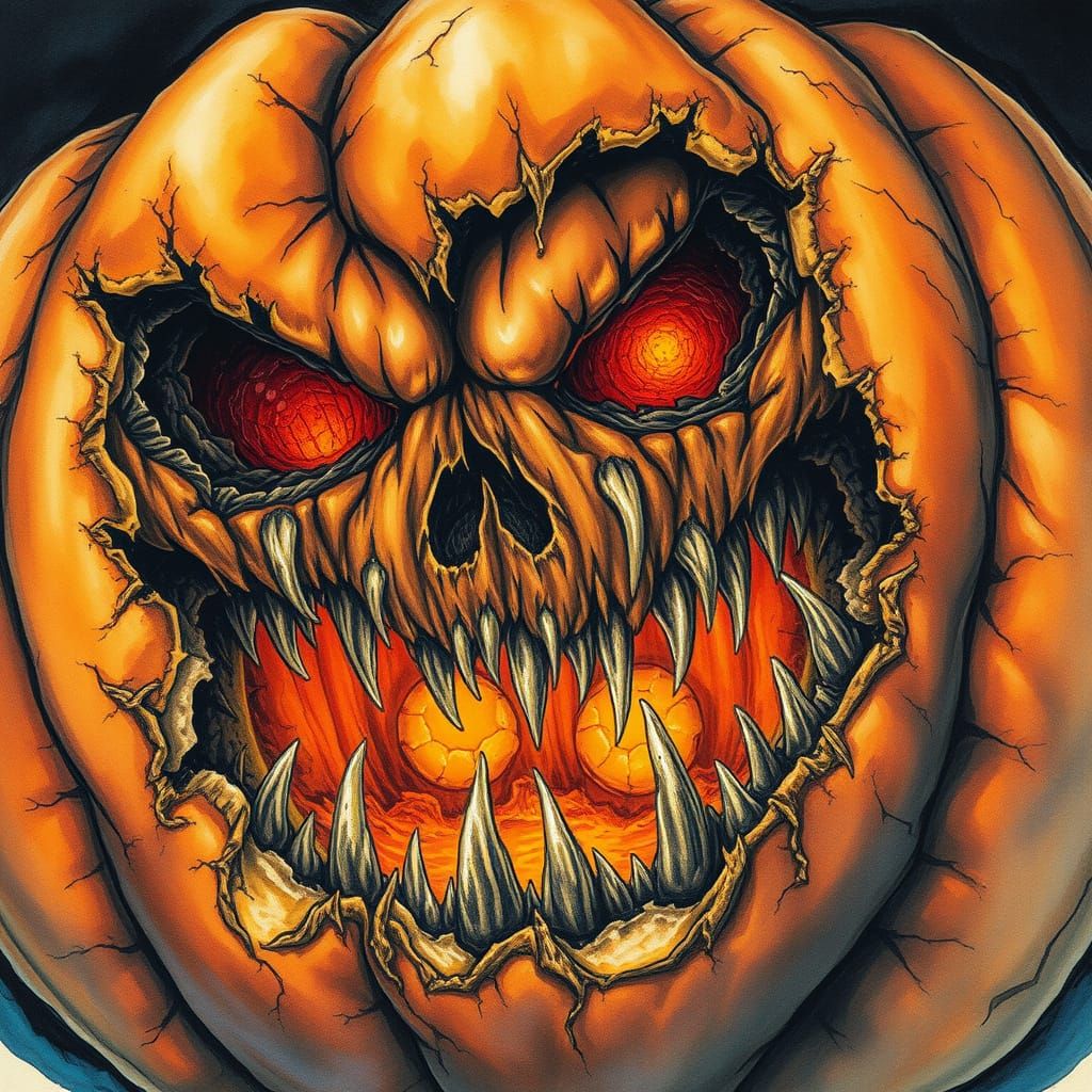 Evil Rotting Pumpkin Close Up in Dark Fantasy Watercolour
