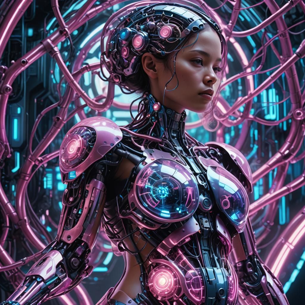 Pregnant Cyborg with Neon Glow: Cyberpunk Art