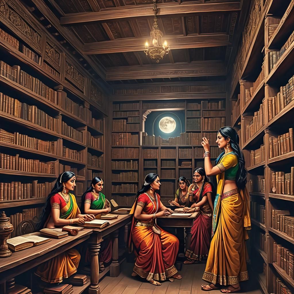 Ancient Indian Library Scene at Moonrise