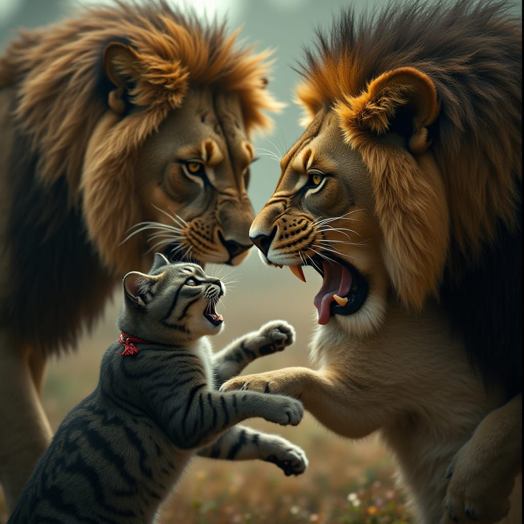 Furious Cats Versus Majestic Lions in Intense Battle