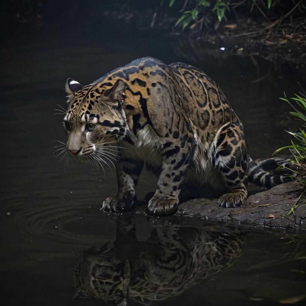 Clouded Leopard in Moonlight at Lake