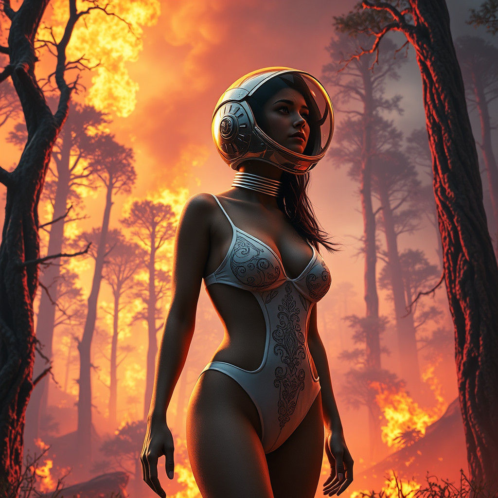 Woman in Space Helmet Gazing at Blazing Forest