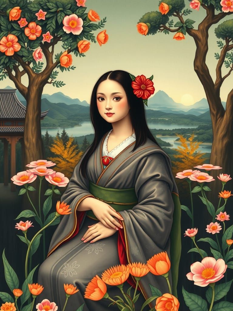 Kawaii Mona Lisa in Japanese Garden, Ukiyo-e Style
