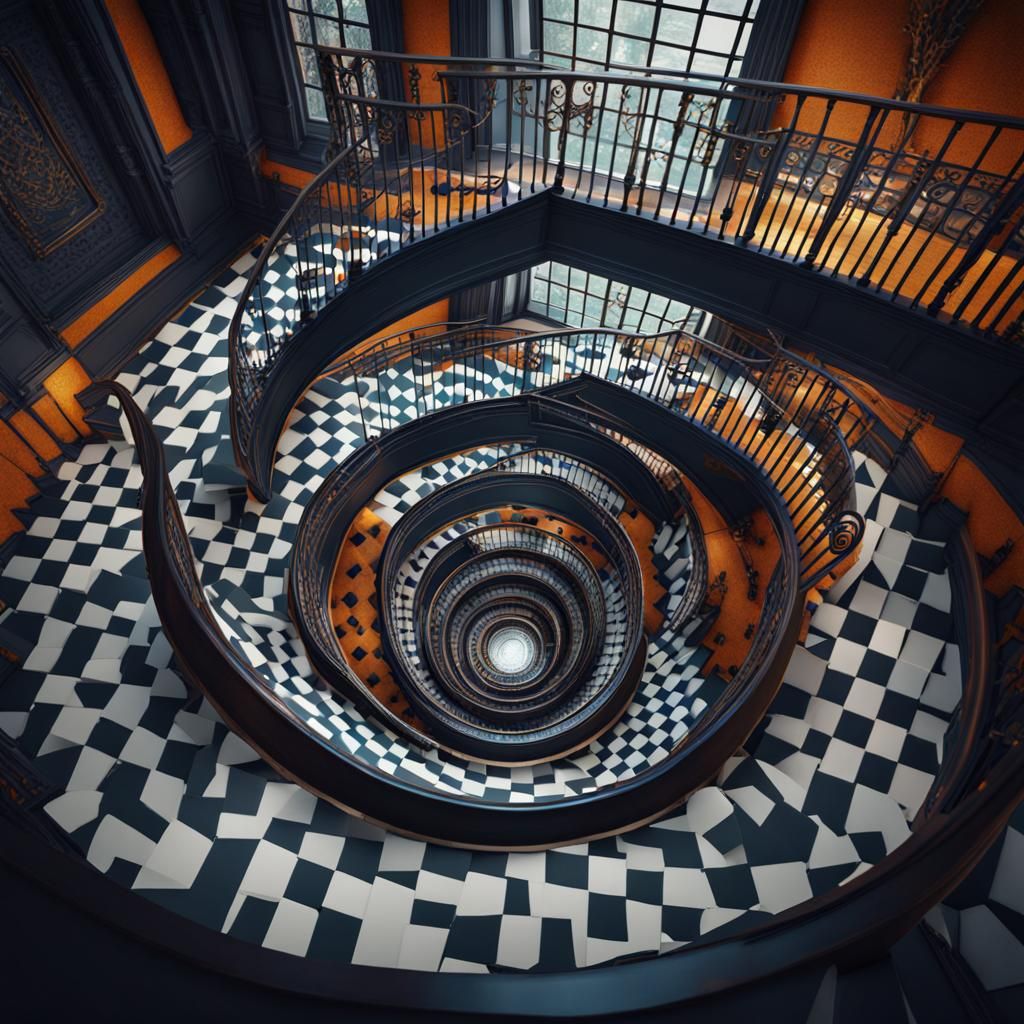 Vivid Checkered Spiral Staircase in Op Art Style
