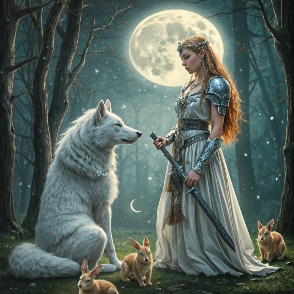 Ethereal Druidess Embraced by Silver Wolf in Moonlit Forest