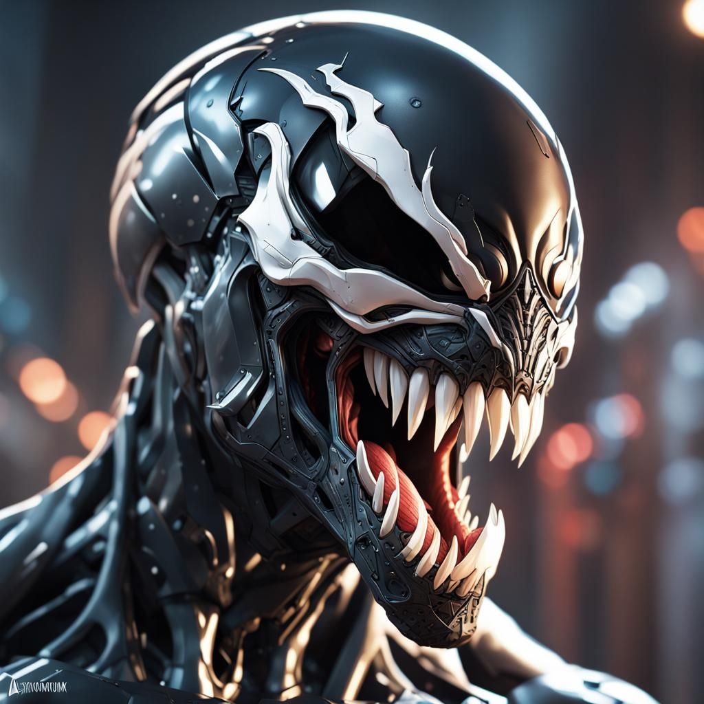 Venom Face Melds with Robotic Head, Detailed Portrait
