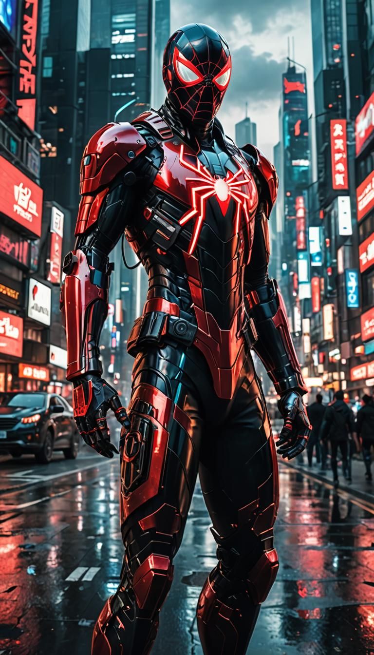 Cyberpunk Spider-Man in Hi-Tech Glowing Armor