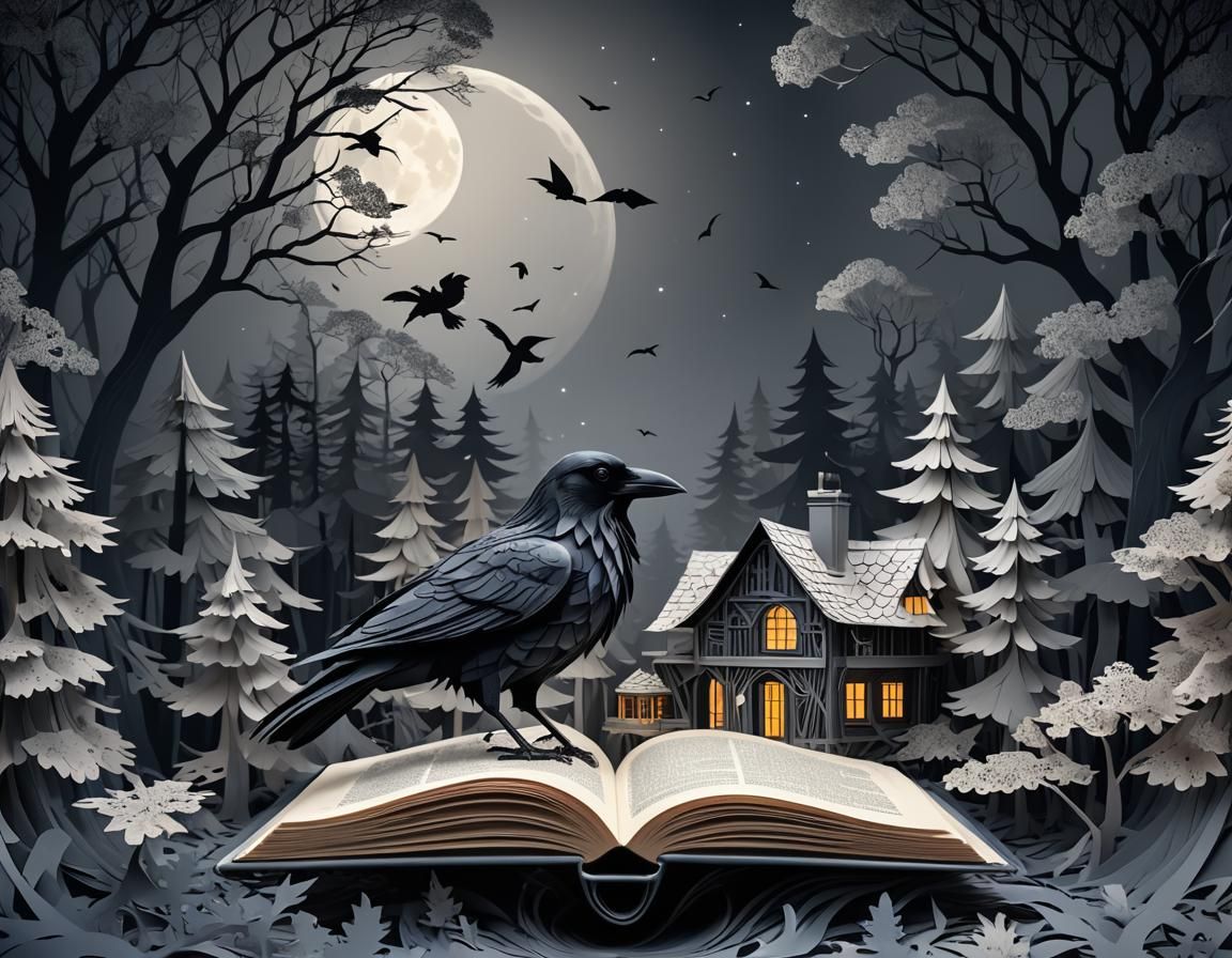 Raven Emerges from Pop-Up Book in Misty Forest