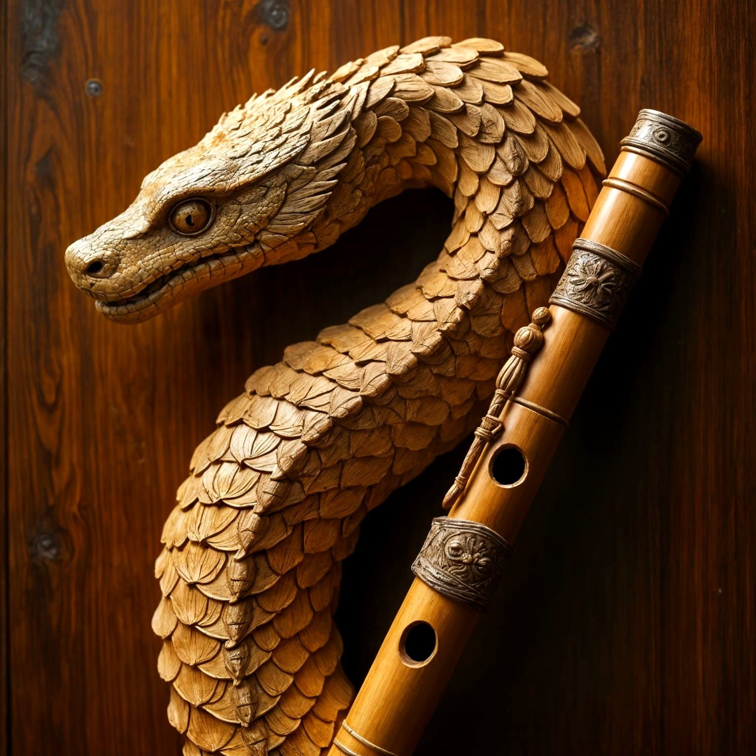 Wooden Flute Carved as a Snake
