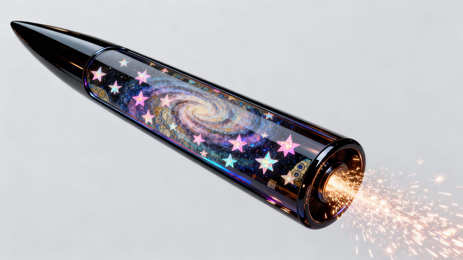 Nebula Rider: Sleek Obsidian Cylinder in Psychedelic Cosmos