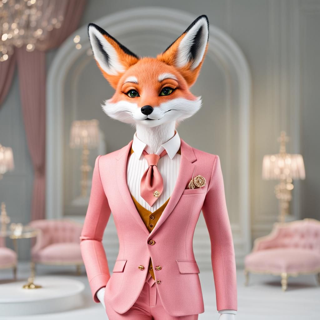 Elegant Fox in Pink Suit: A Fashionable Portrait