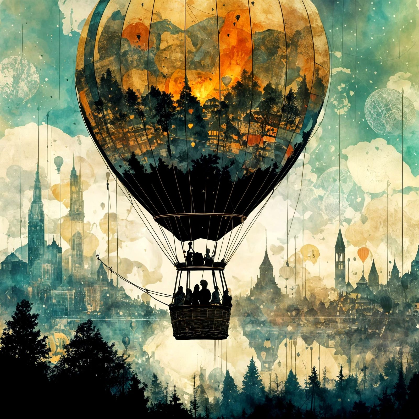 Hot Air Balloon Double Exposure: Galaxy Meets City