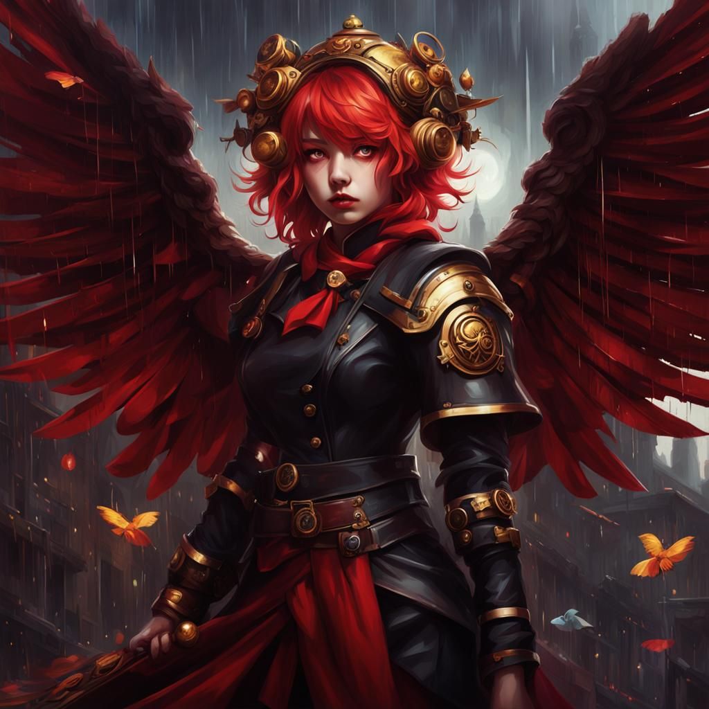 Steampunk Angel in Dark Fantasy Rainy Scene