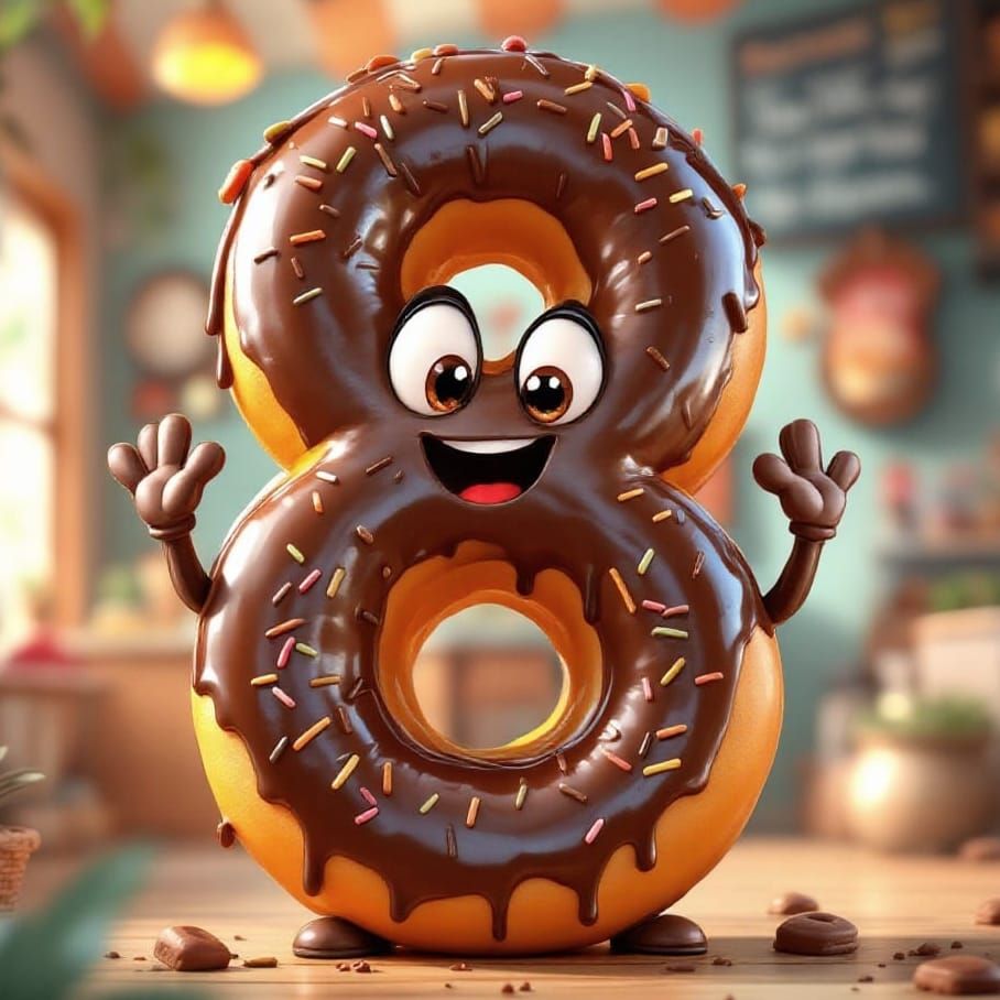 Cheerful Chocolate Donut Number 8 Cartoon Character