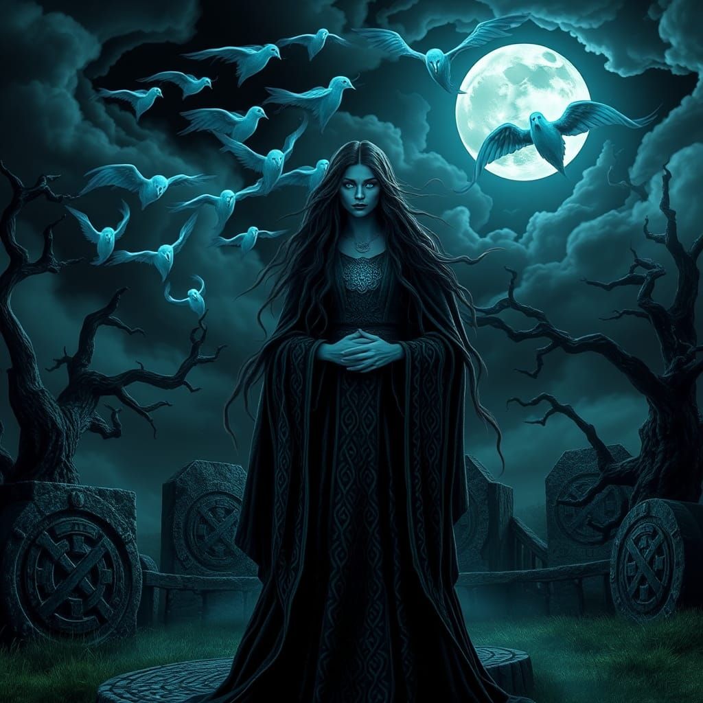 Morrigan, Celtic Goddess, Under a Full Moon