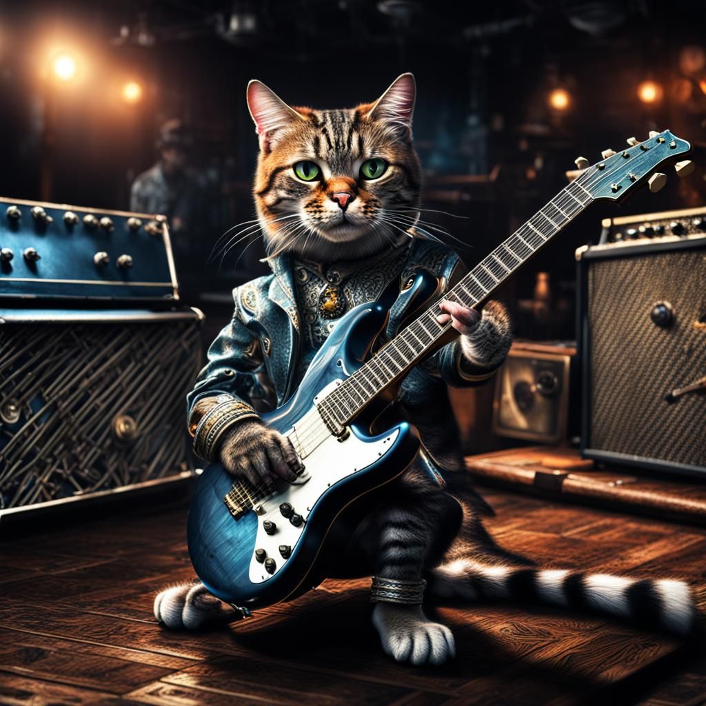 Hyperrealistic Cat Rock Band Performance
