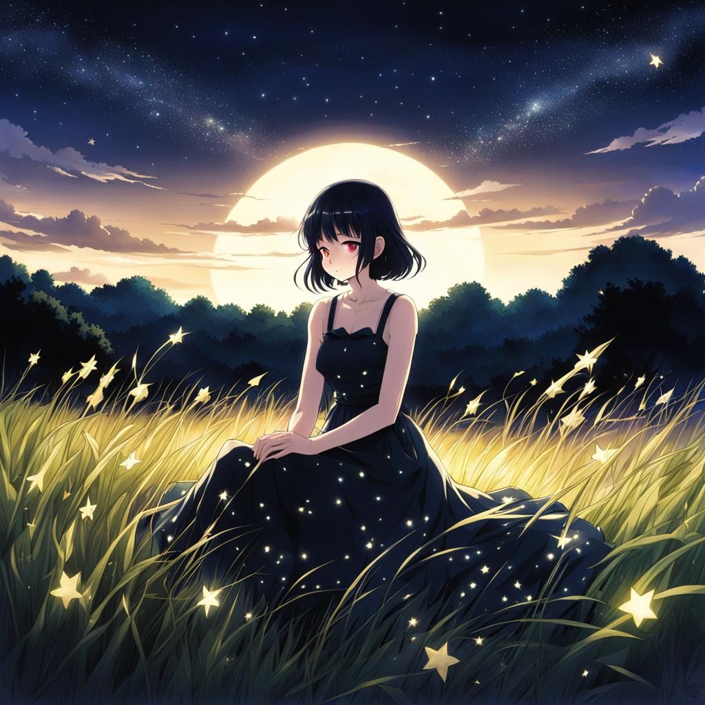 Sad Girl in Starry Dress Sits in Field
