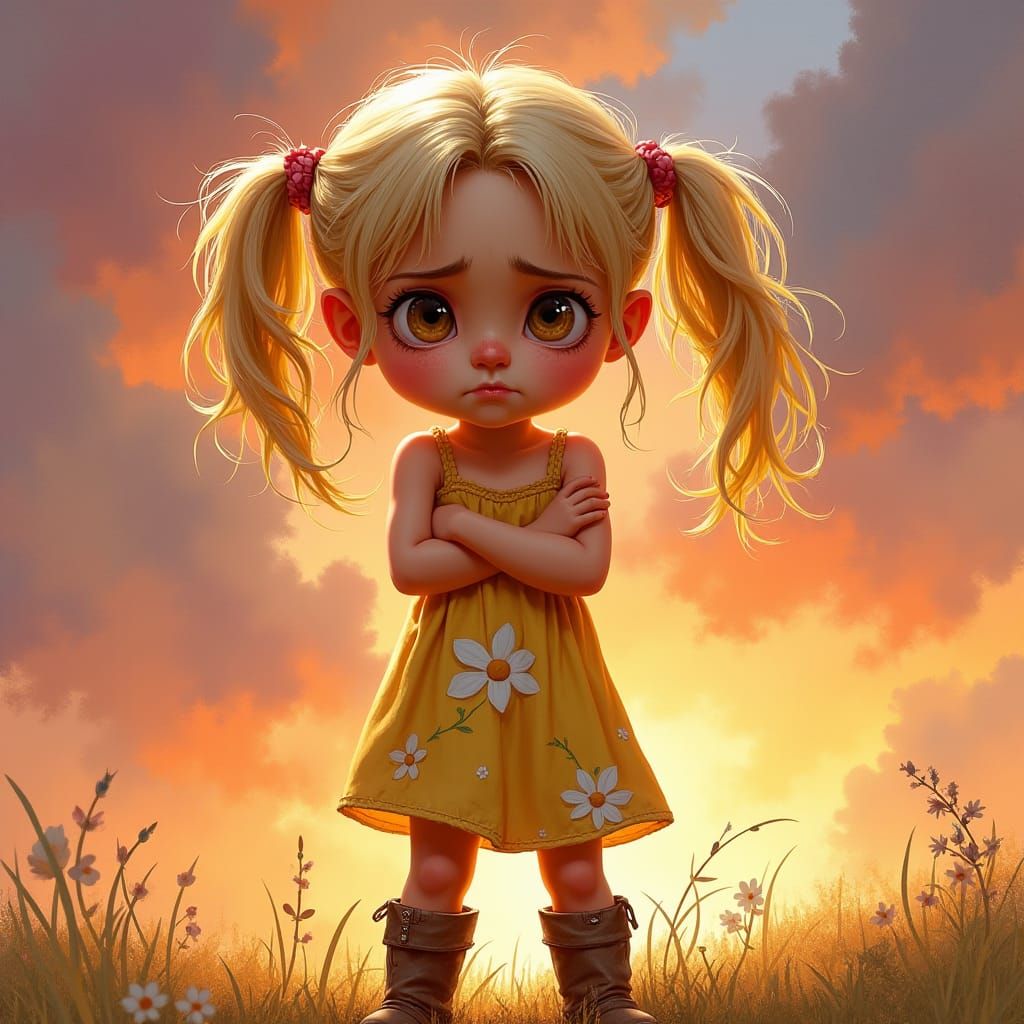 Grumpy Girl in Sundress with Sunset Background