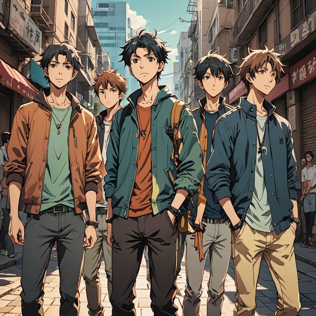 Five Friends in Vibrant Anime Cityscape