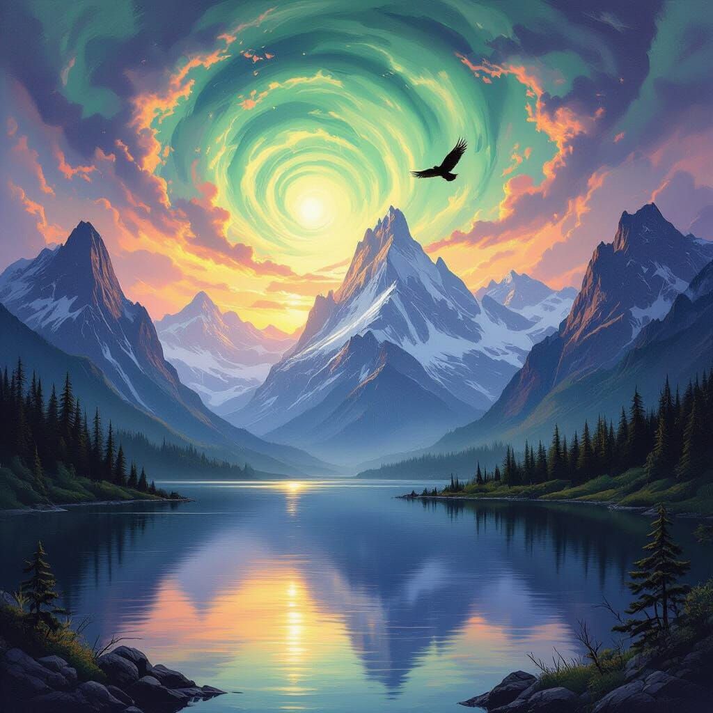 Majestic Eagle Soars Over Ethereal Mountain Lake