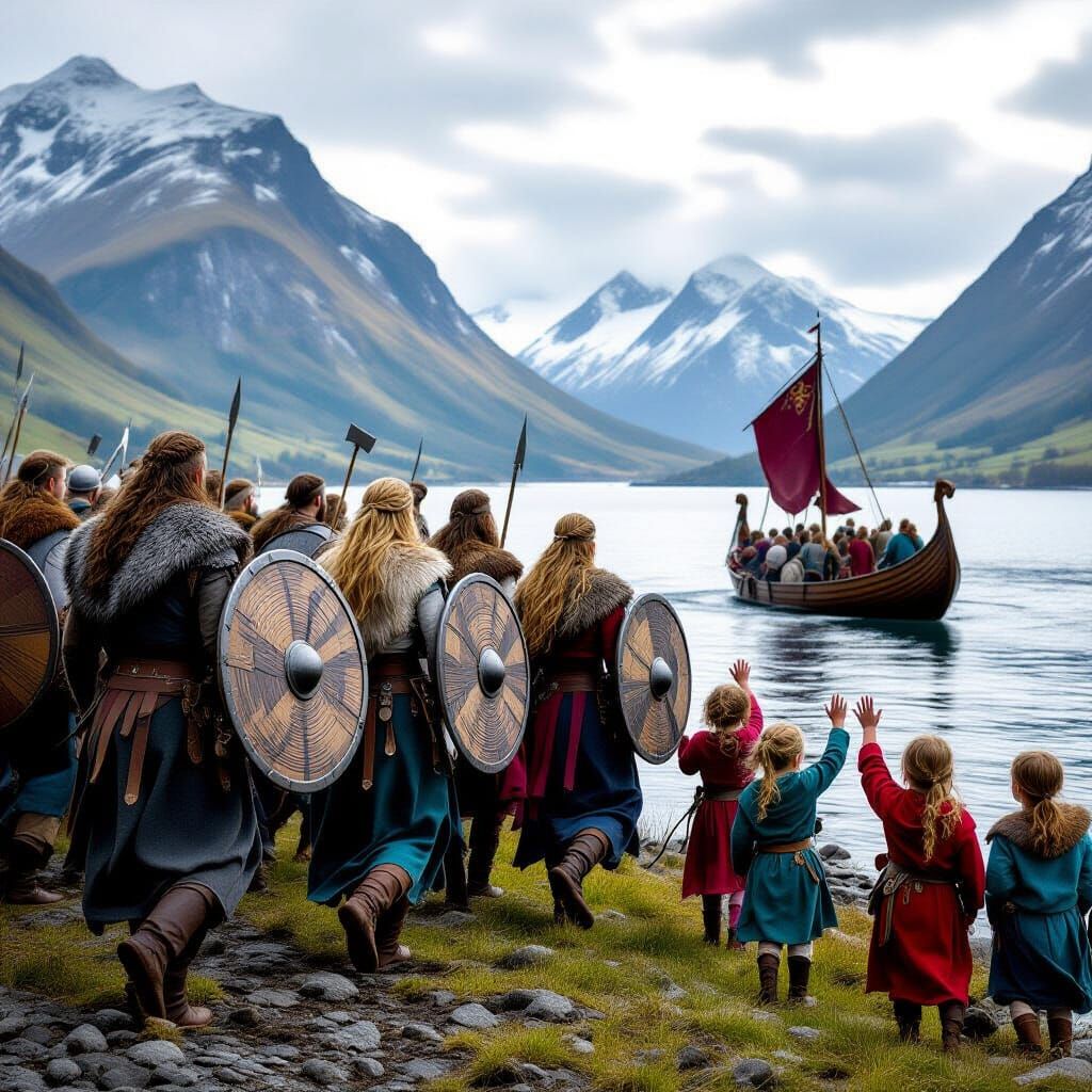 Vikings and Shield Maidens Boarding Boats for Battle