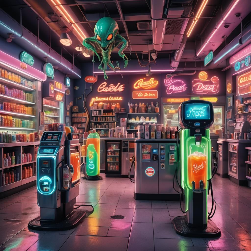 High-Tech Gas Station with Alien Neon, Splash Art