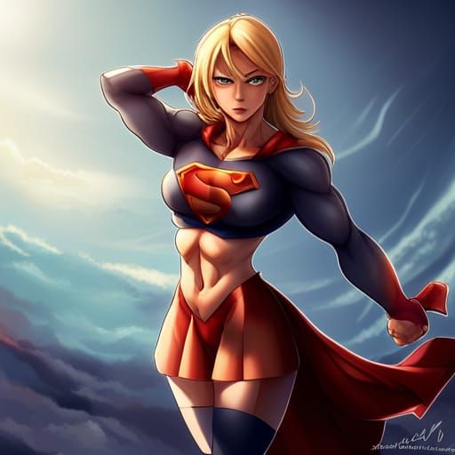 Muscular Supergirl Flexing: Anime Style Illustration