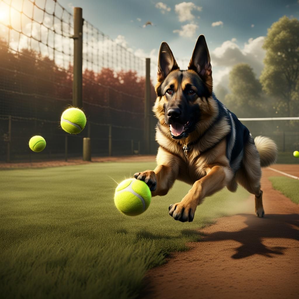 German Shepherd Catches Ball: Detailed Matte Painting
