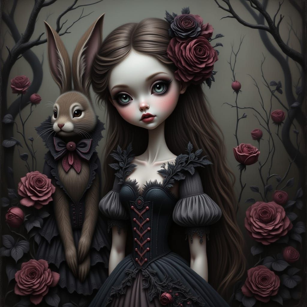 Gothic Oil Painting of Pale Girl and Rabbit