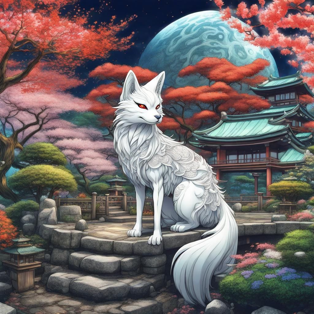 Kumiho in Japan Garden: Hyperdetailed Anime Illustration