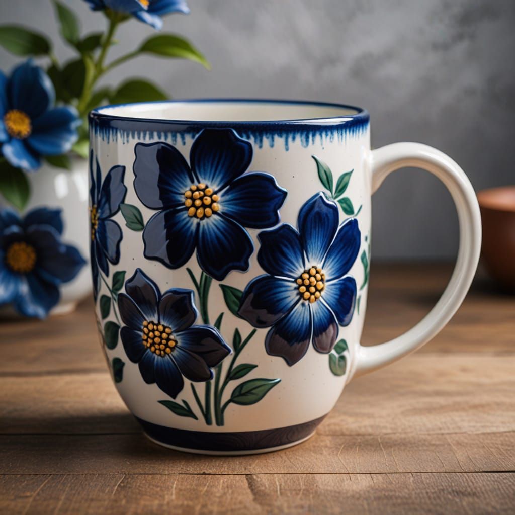 Whimsical Ceramic Mug with Dark Blue Flowers in Soft Focus