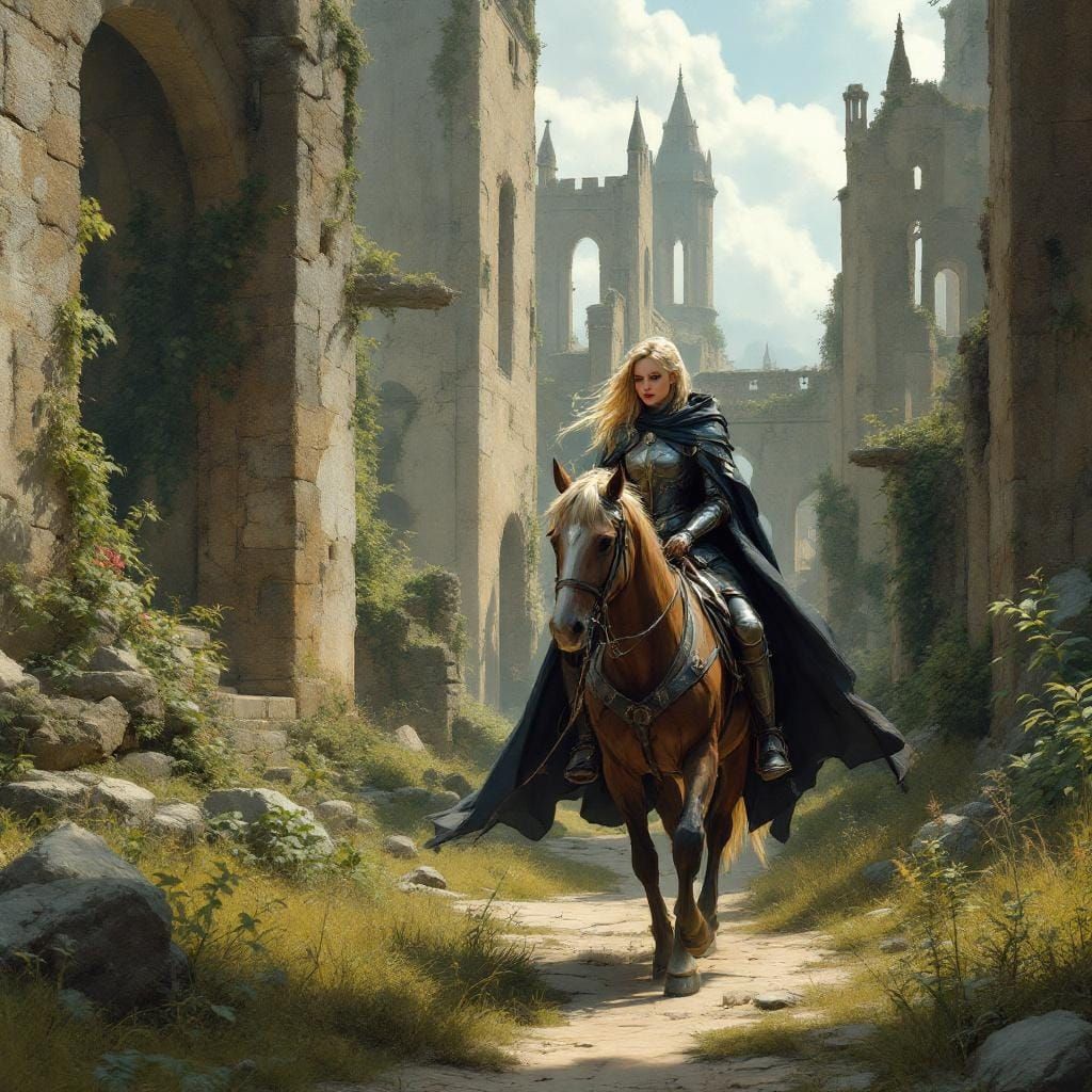Knight Rides Through Medieval Ruins, Atmospheric Digital Art