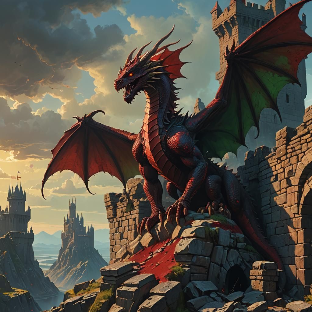 Blood Red Dragon on Castle Wall: Fantasy Art