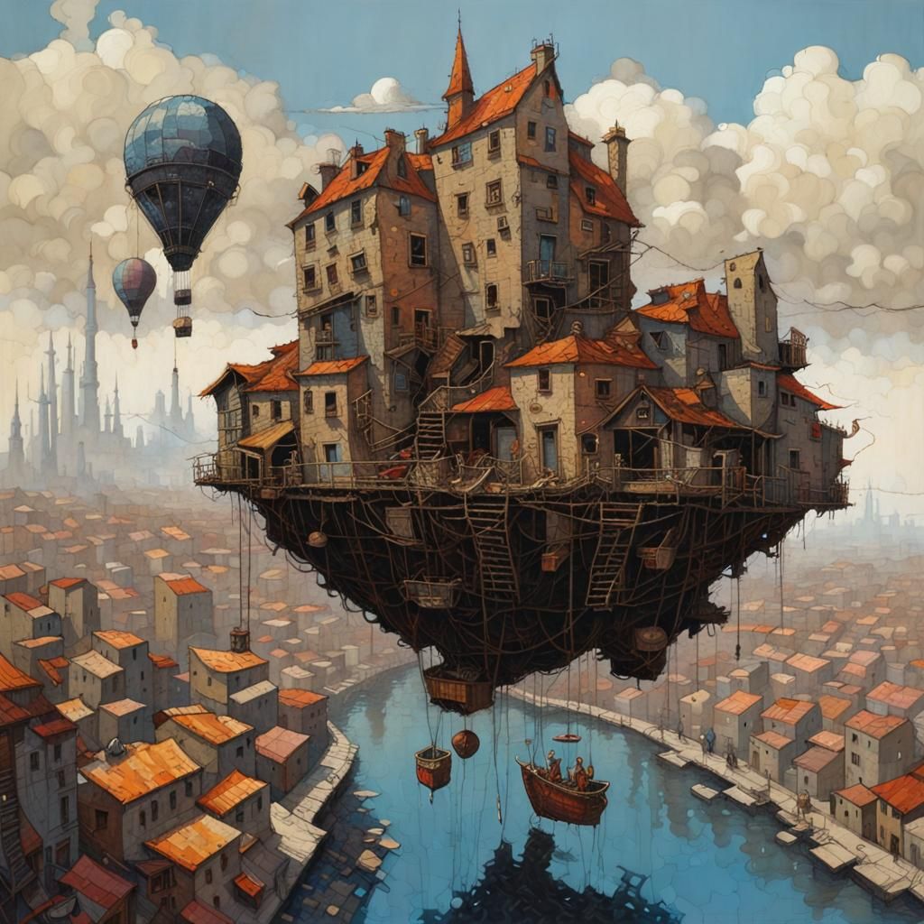 Floating Cityscape Tapestry in Surrealist Style