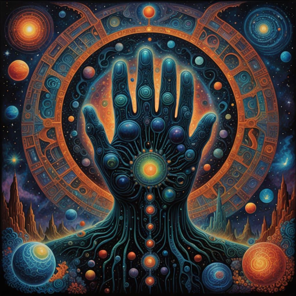 Gigantic Handcrafted Universe Holds Earth in Cosmic Palm