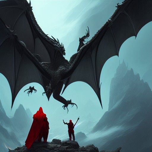Dragon and Cloaked Man on Mountain, Dark Fantasy Art