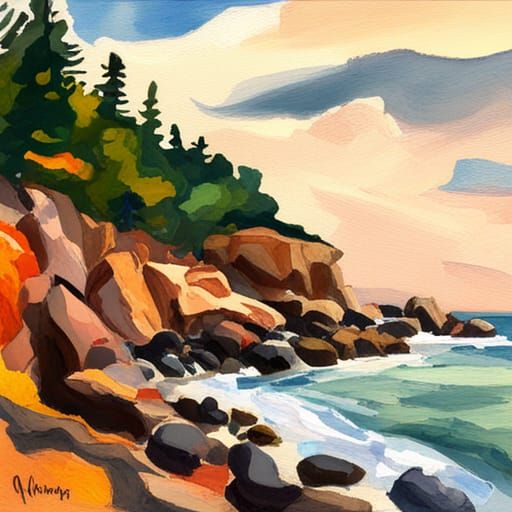 Rocky Shorelines as Gouache Impressionist Painting