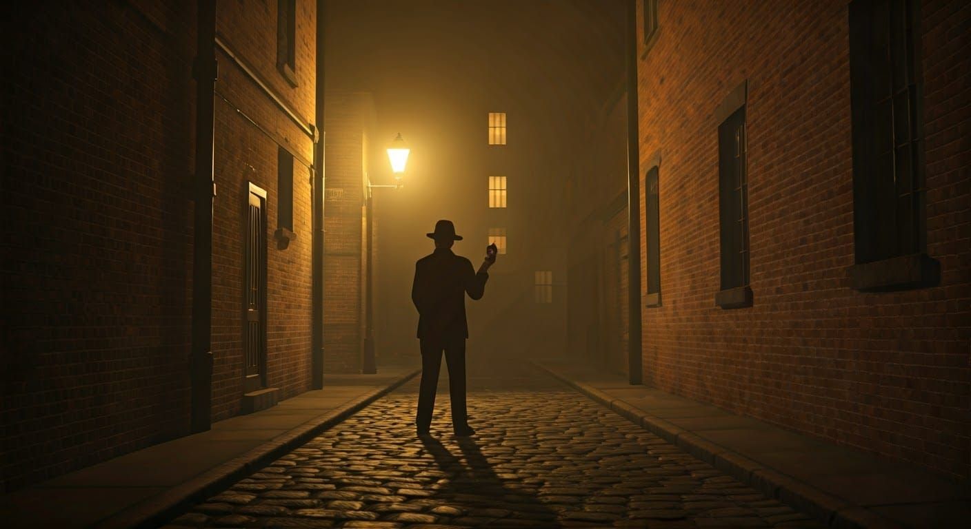 Victorian Detective in Foggy London Alleyway