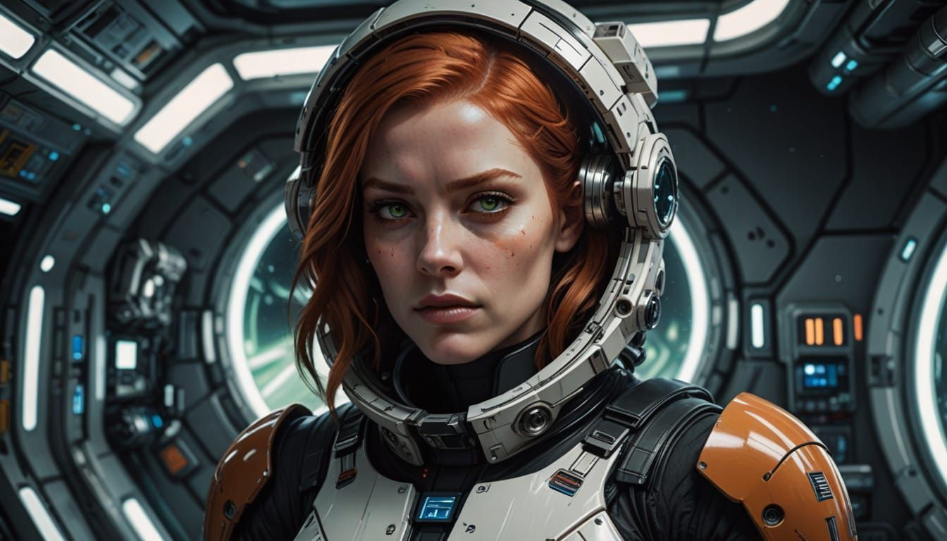 Empowered Redhead in Futuristic Space Station Setting