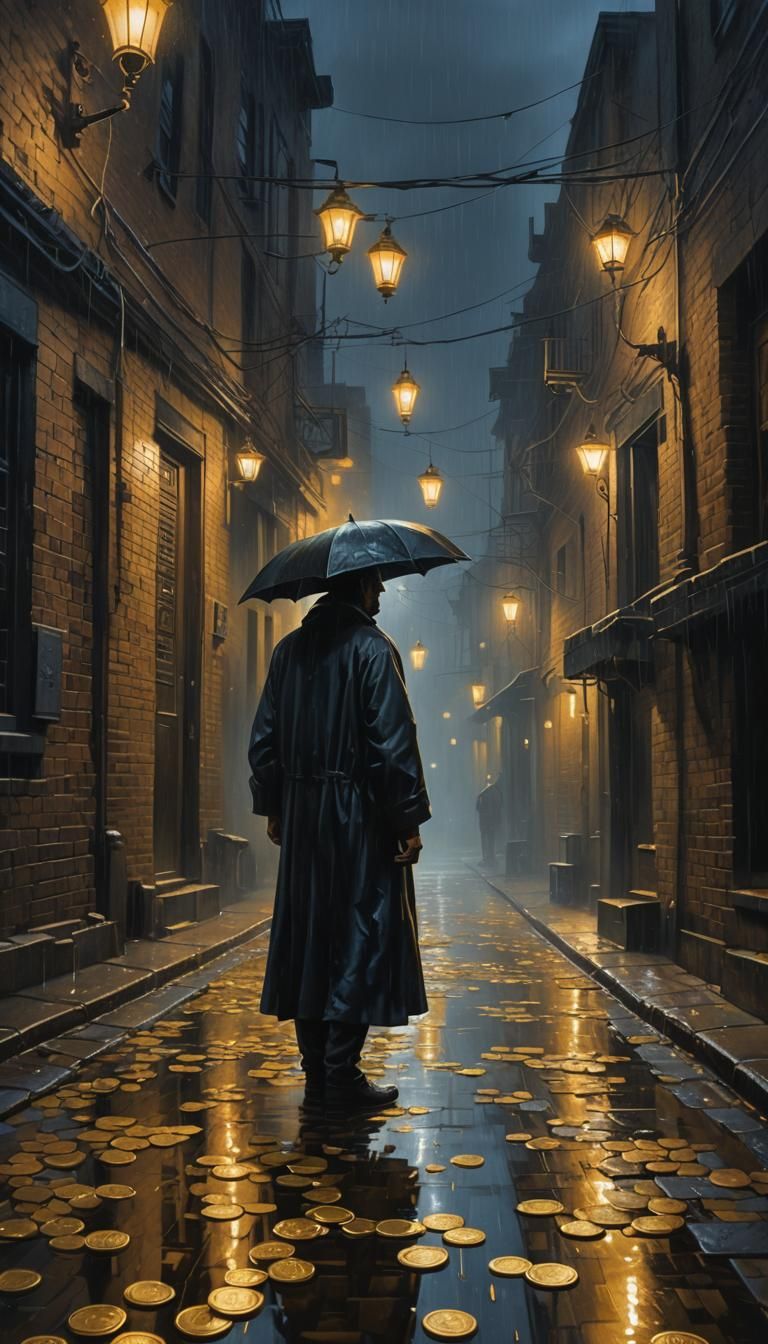 Gold Coin Rain in Dimly Lit Alley: Surrealist Oil Painting