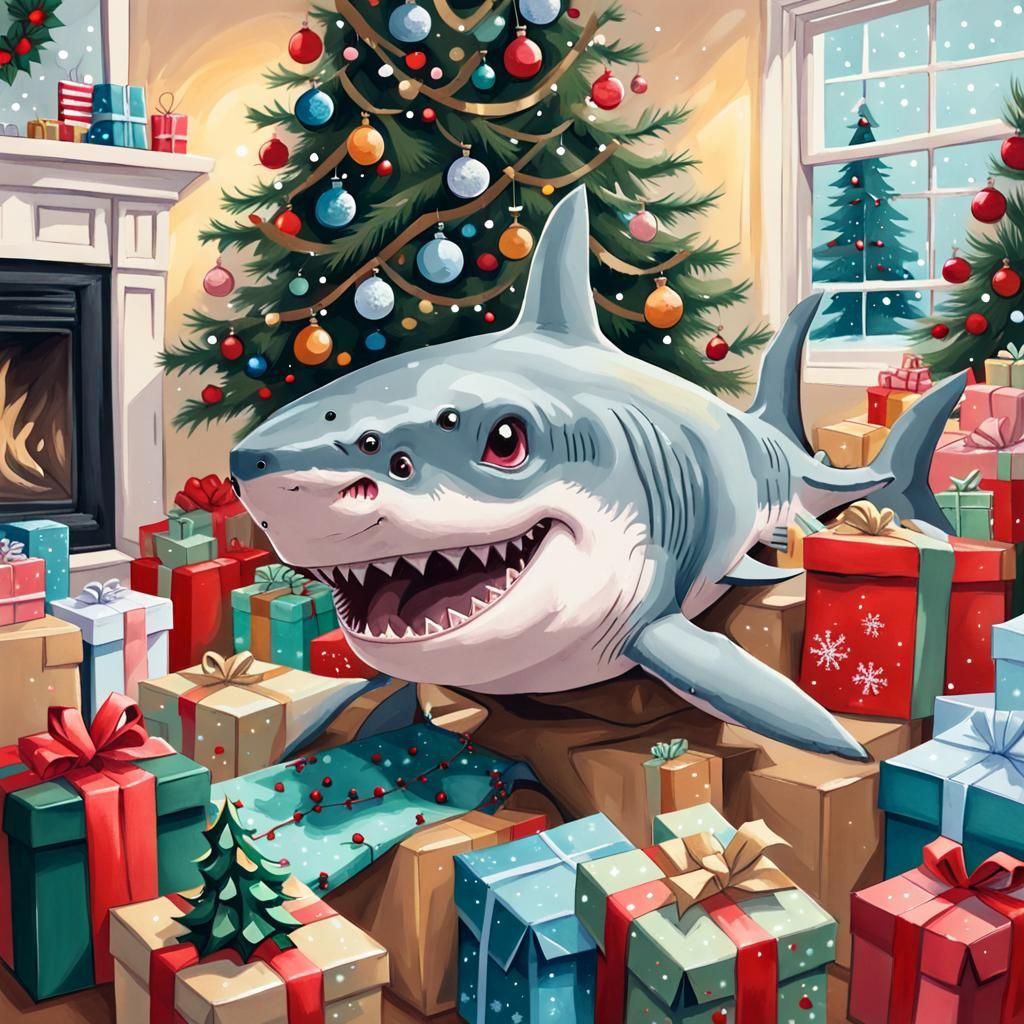 Festive Shark Surrounded by Christmas Presents